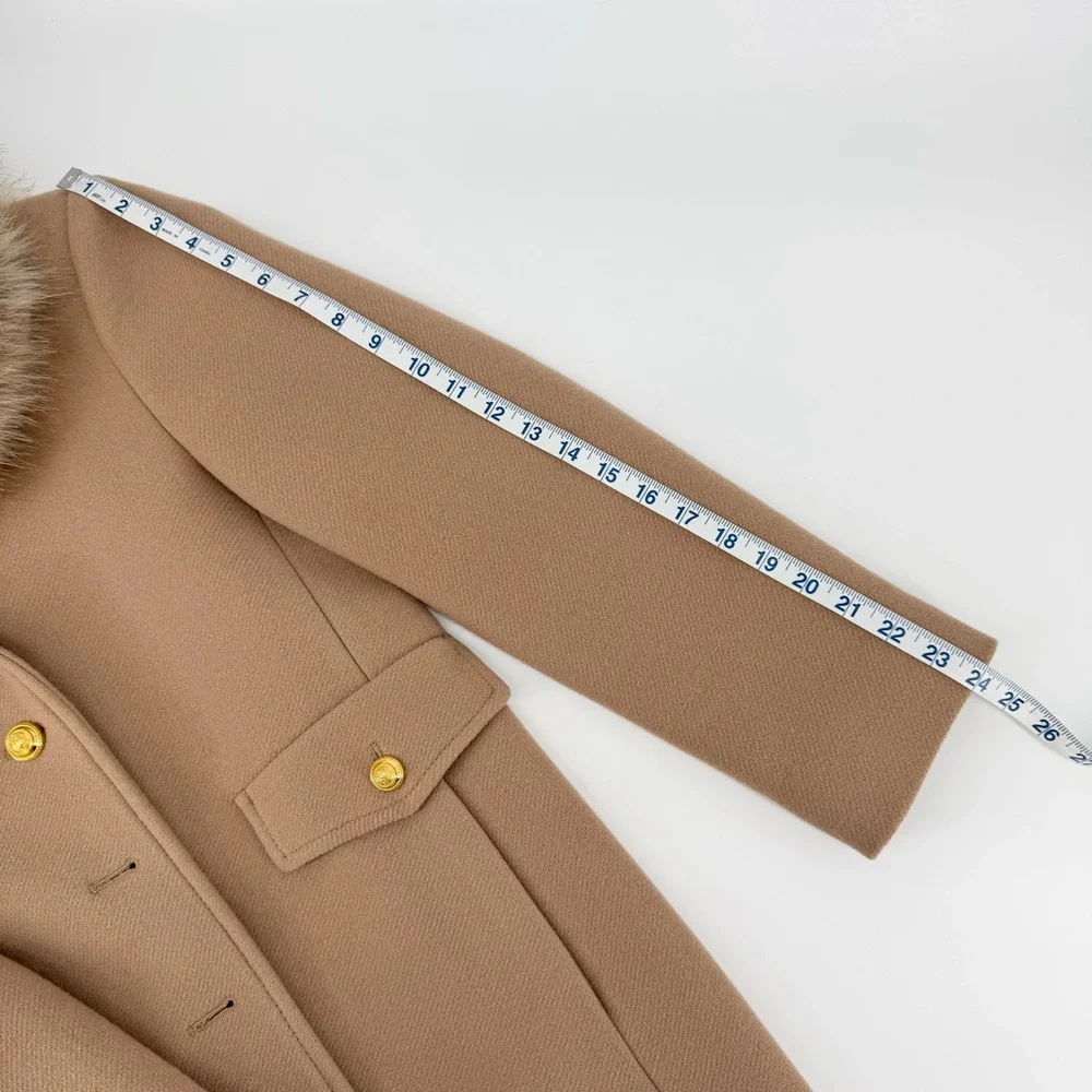 Zara Wool Blend Mid Length Coat Size M Faux Fur Removable Collar Camel Tan - Picture 14 of 17